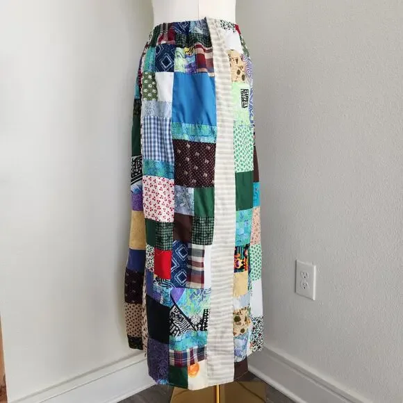 Vintage 70s Handmade Multicolor Patchwork Maxi Skirt Elastic Waist L XL - Picture 3 of 5